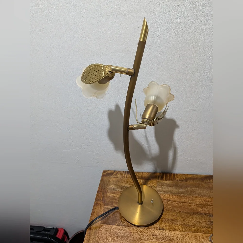 MCM Brass Desk Lamp - 2-Light Goose Neck with Scalloped Glass‎ Shades